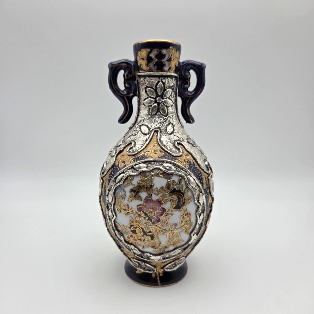Vintage Cobalt Blue Hand Painted Silver Overlay Gold Gilt Floral Satsuma‎ Vase
